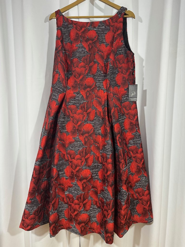 Nwt Adrianna Papell 16w Red Black Floral Jacquard Fit Flare Midi Dress